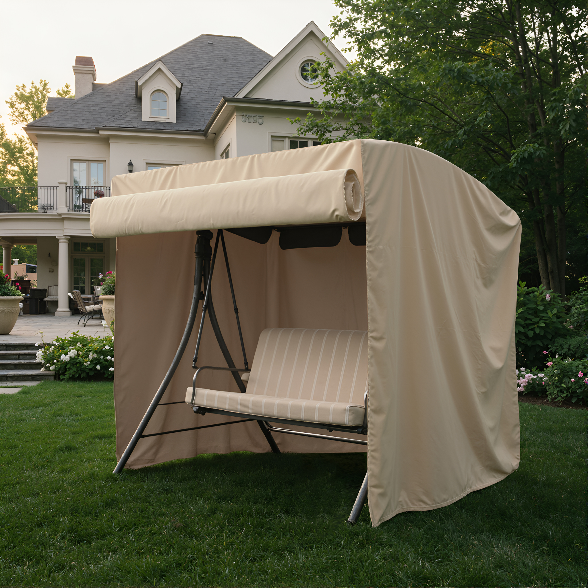 Beige patio swing cover with exposed swing seat
